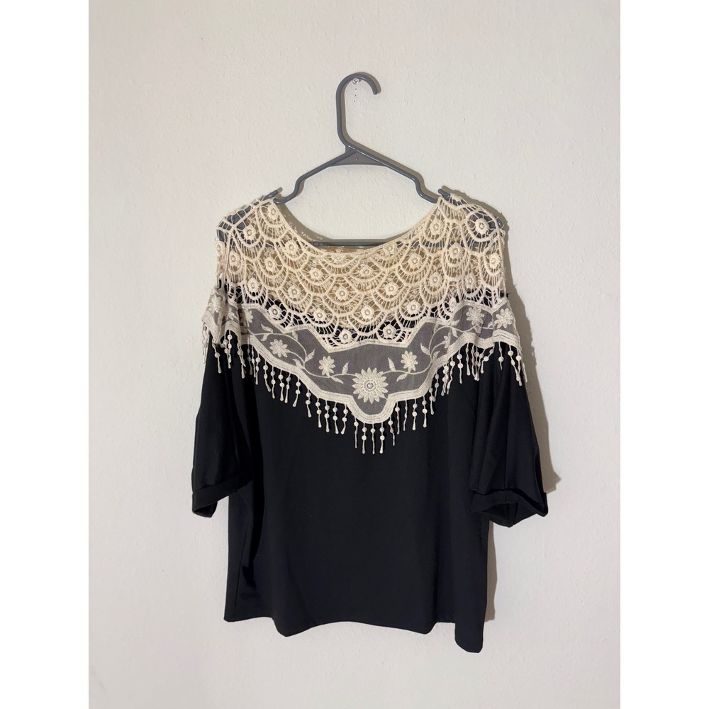 Black Lace Overlay Top Women's Size Large Boho Festival